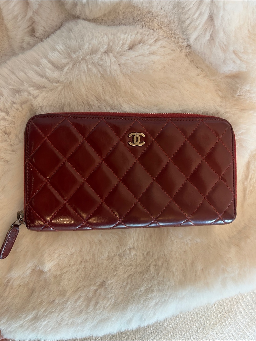 CHANEL Quilted Zip Wallet Red